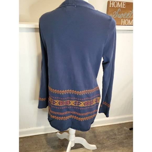 Vintage Lucky Brand Size Large Open Front Cardigan Aztec Boho Navy Duster - Picture 7 of 11